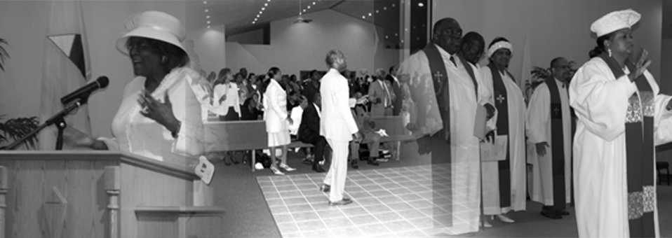 Black-and-white collage of church worship, speakers, and ministers
